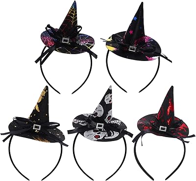 Sucrain 5 Pcs Halloween Mini Pointy Witch Hat Headband Costume Dress up Cosplay Accessories
