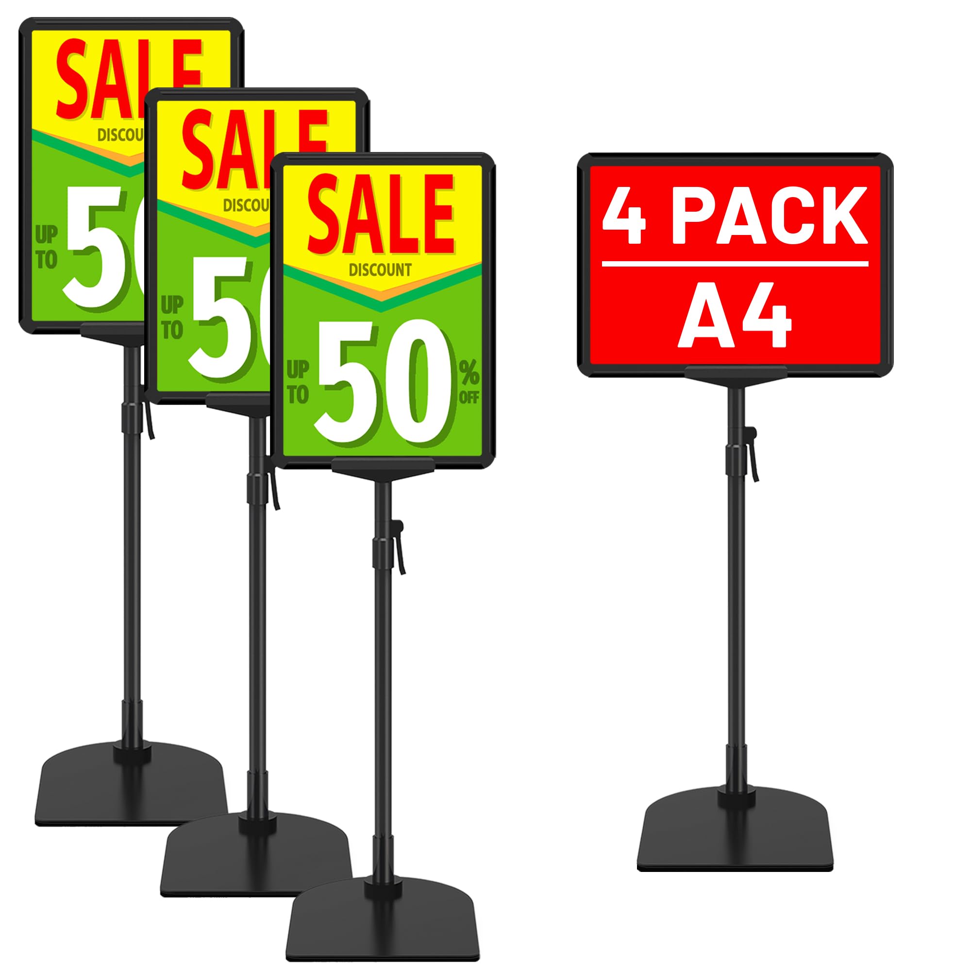Lot de 4 Porte Affiche A4 sur Pied Réglable - pour Comptoir et Sol - Présentoir Métallique - Supports de Signalisation pour Menu, Publicité, Signalisation, Magasin et Bureau