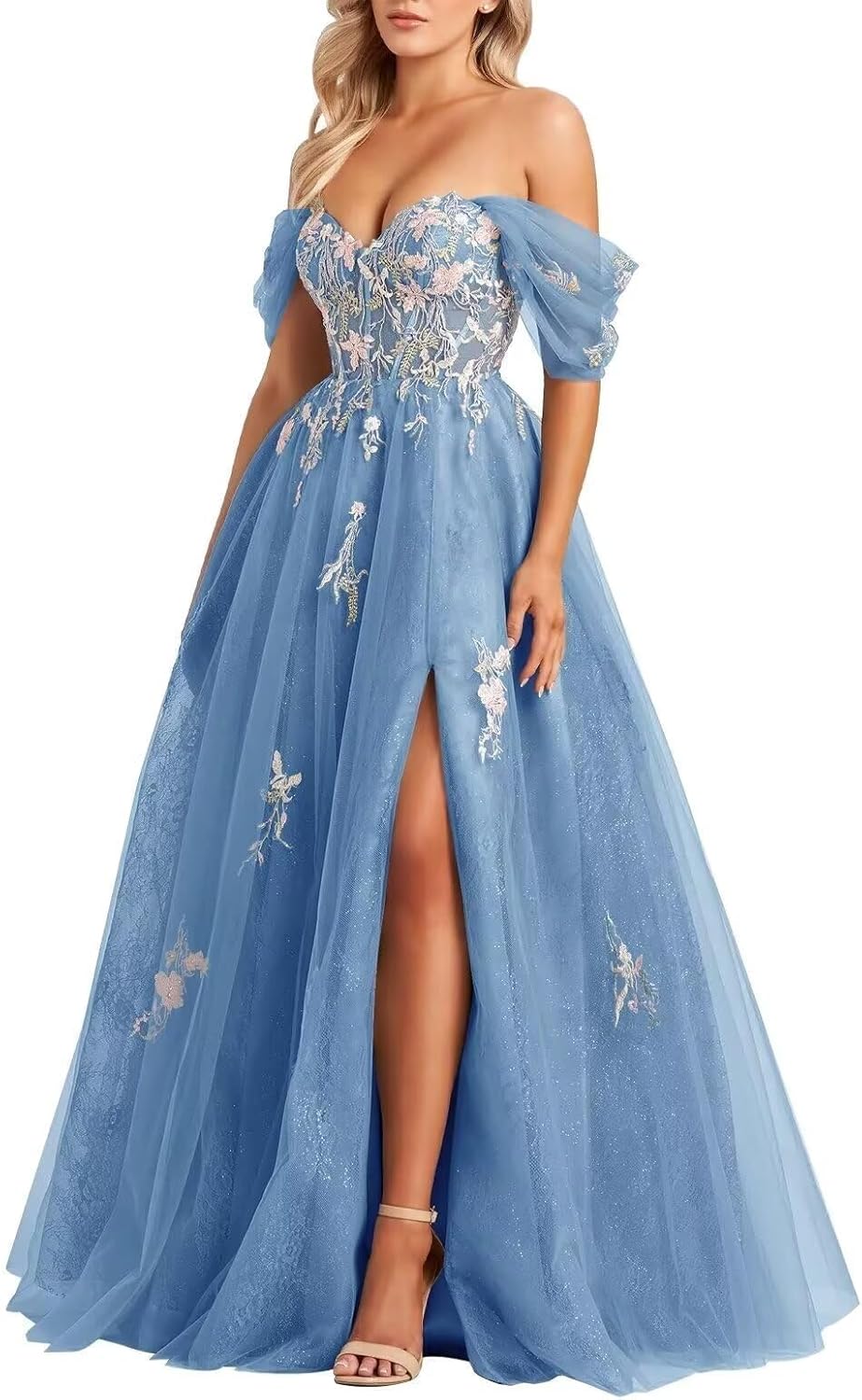 A Line Long Tulle Corset Prom Dress for Women with Slit, Off Shoulder Lace Appliques Formal Evening Ball Gown