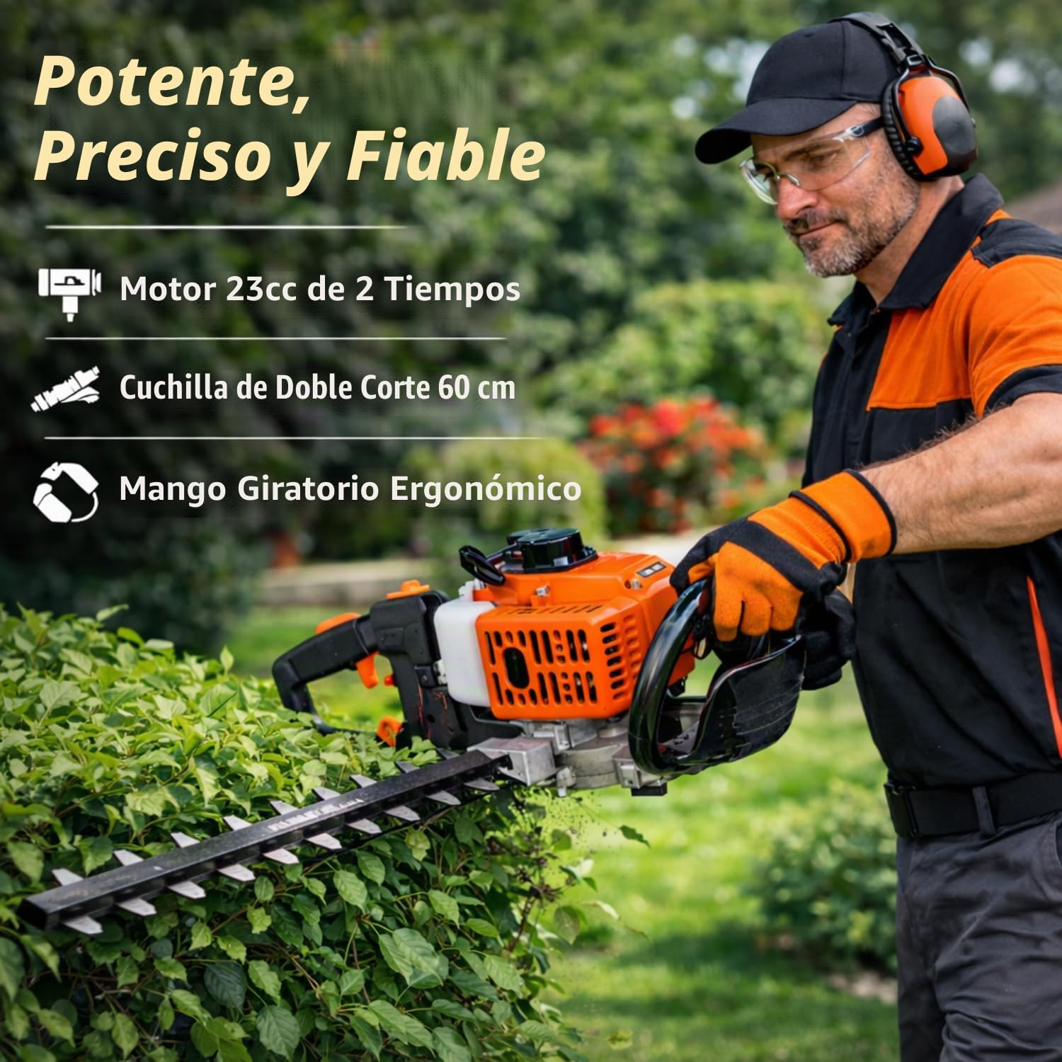 Cortasetos de gasolina con motor de 2 tiempos de 23 cc, cuchillas de doble corte de 60 cm, mango giratorio articulado y ergonómico, espaciado de dientes de 20 mm: ligero, potente y fácil de manejar