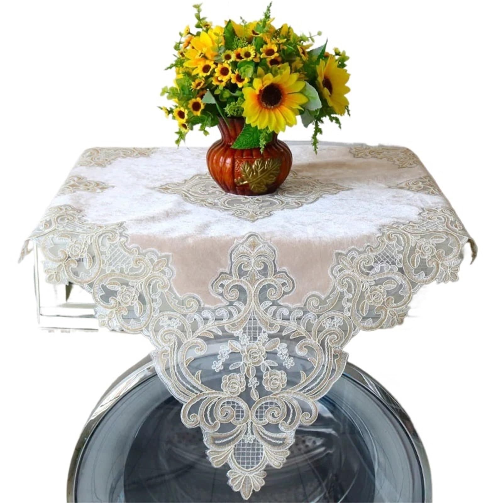 ZNTIHZ Luxury Lace Bedside Table Cover Embroidery Border Furniture Tablecloth Bedroom Round Decoration For Furniture Dresser(Light Camel,65x65cm)