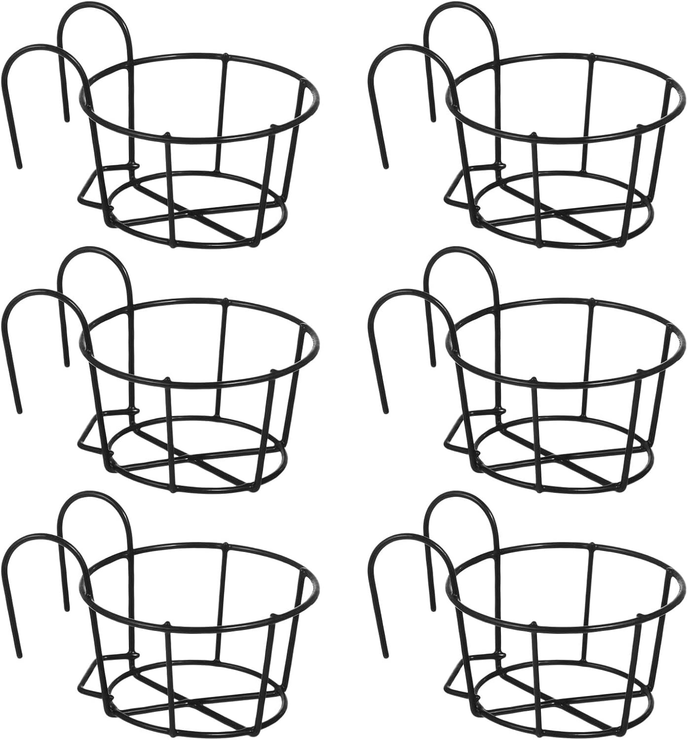 6 PCS Round Hanging Railing Planters, Hanging Flower Stand Iron Baskets, Hanging Planters for Outdoor Plants, Metal Rack Fence Shelf Plant Holder with Hooks for Balconies, Gardens, Indoor Spaces