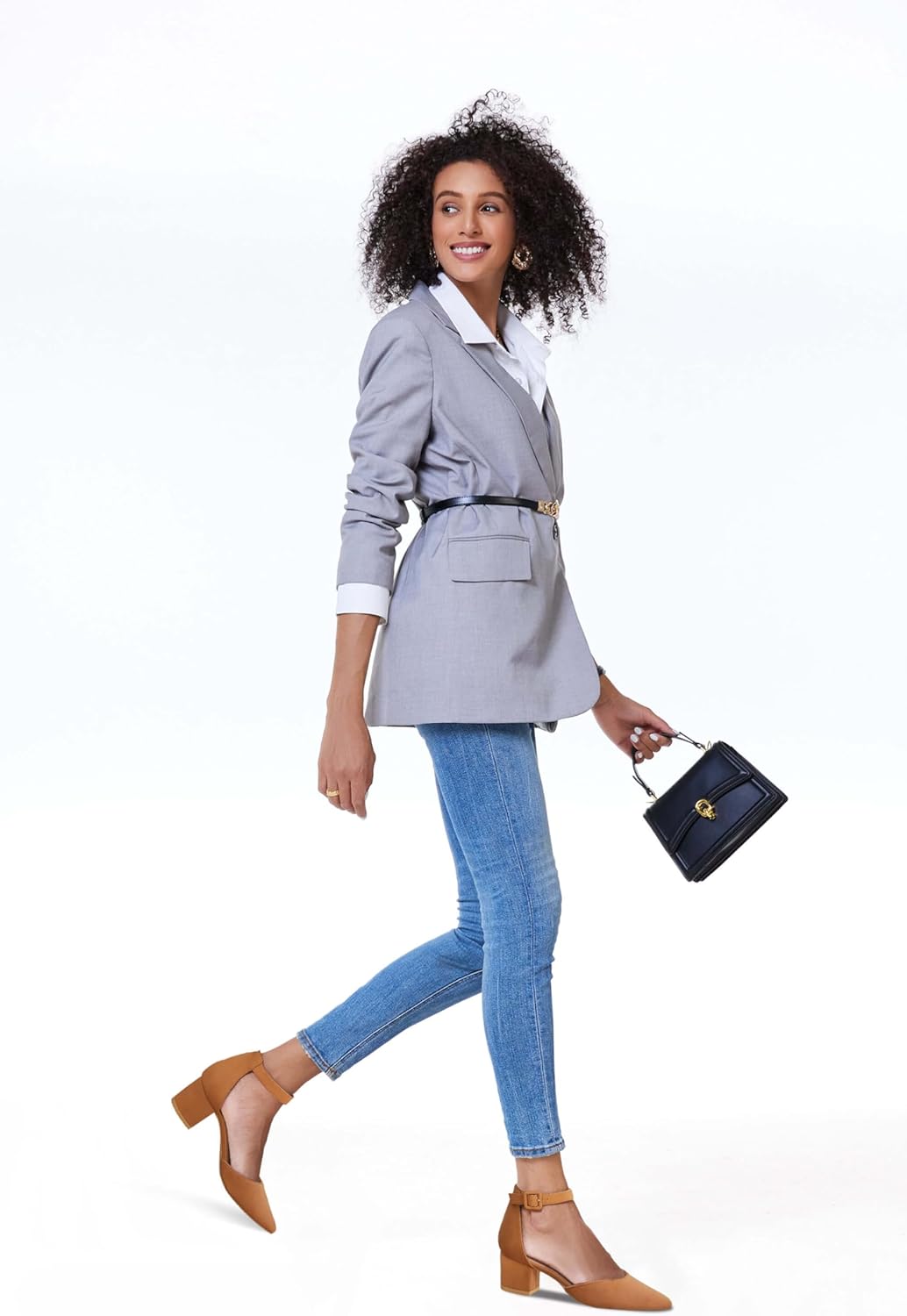 LAICIGO Women's Pointed Toe Pumps Ankle Strap Buckle Chunky Block Heel Dress D'Orsay Shoes