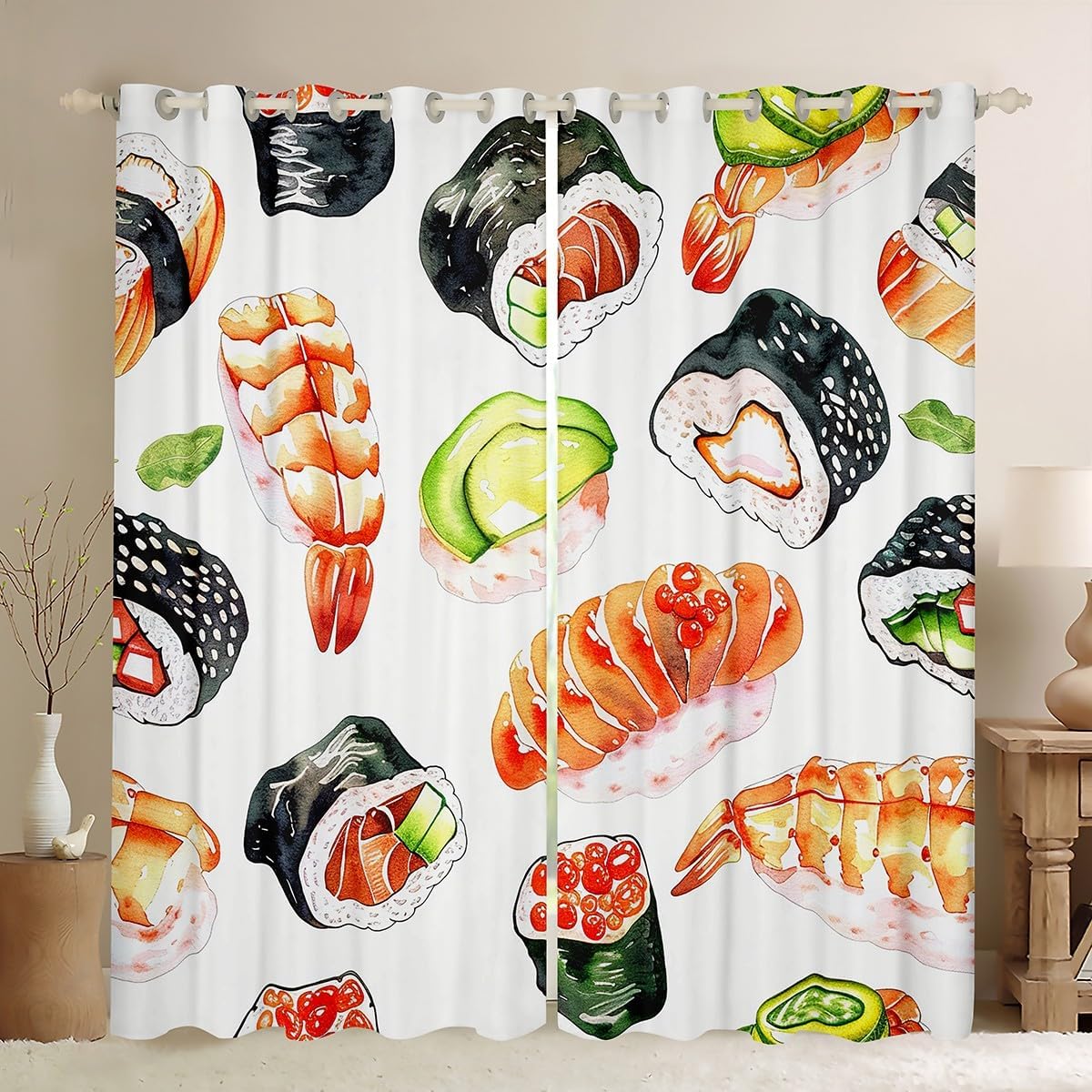 Feelyou Kids Sushi Curtains for Bedroom (2 Panels, 42 x 84 Inch) Japanese Style Food Blackout Curtains Boys Girls Japanese Sushi Darkening Drapes Cartoon Caviar Sushi Japan Window Treatments