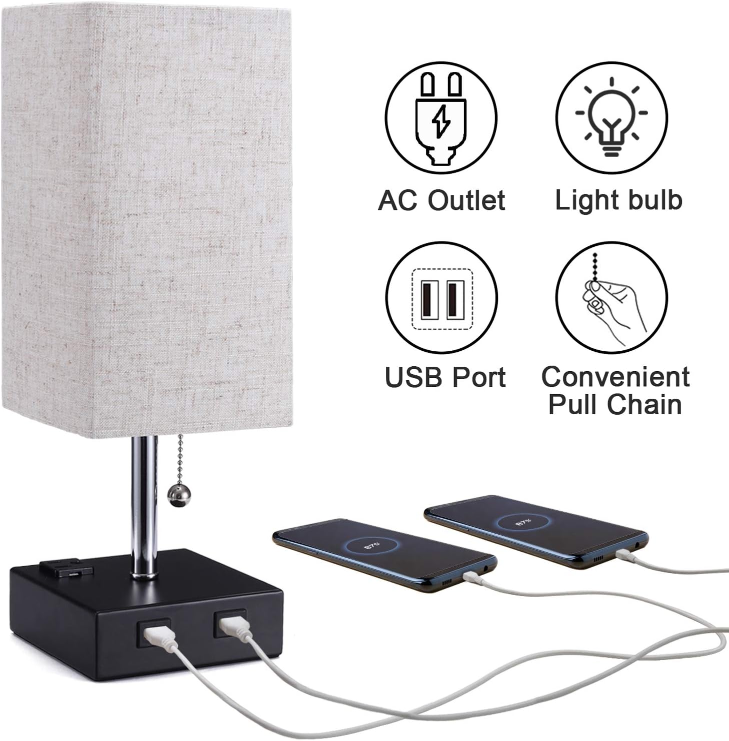 🔥 Flаѕh Sаlе Lamps for Bedrooms Set of 2, Grey Square Fabric Lamp Shade Nightstand Lamp with AC Outlet & 2 USB Charging Ports, LED Bulbs Included, Bedside Lamp Perfect for Bedroom, Office, Reading (Pack of 2)