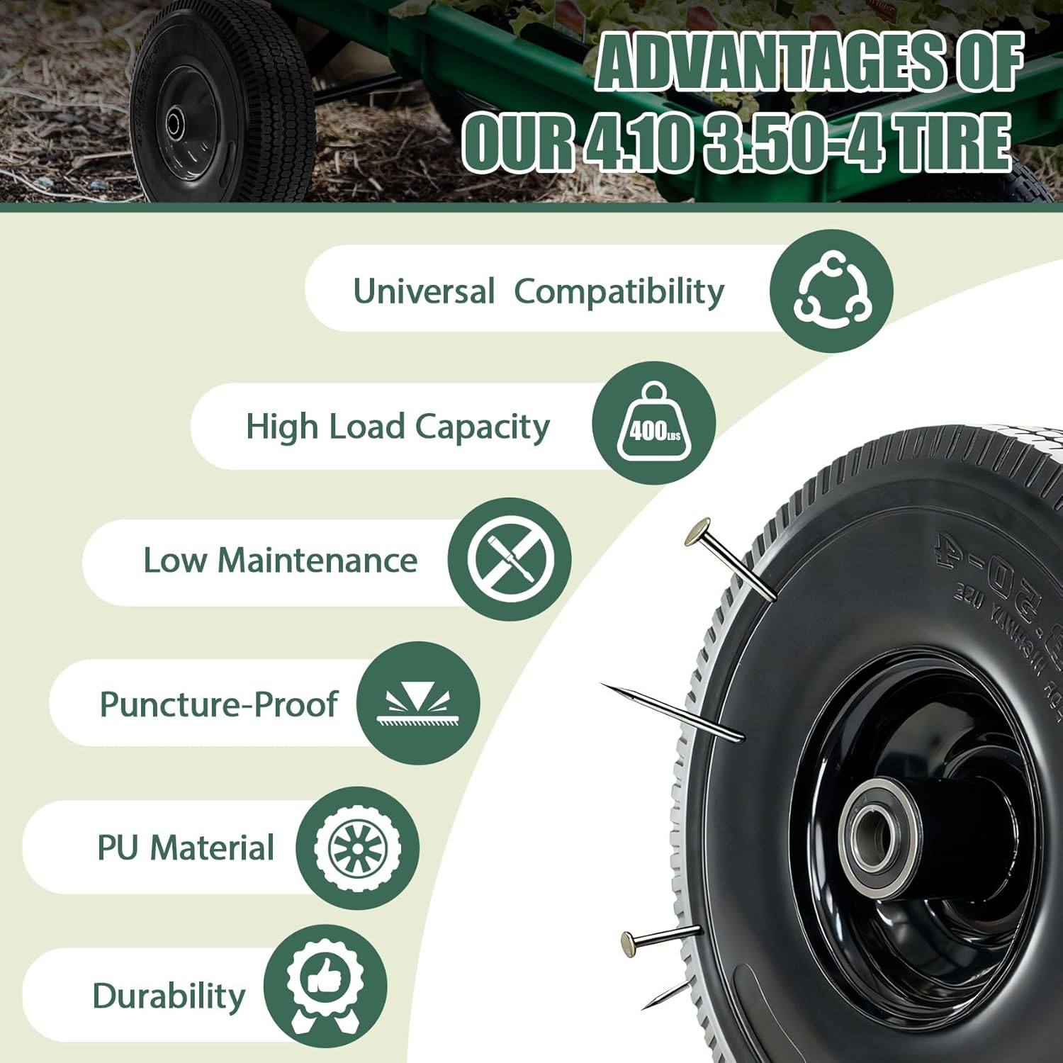 4.10/3.50-4 Tire and Wheel, 10" Solid Tires with 5/8” Bearing, Extra 3/4”&1/2” Bearings, 2.2” Offset Hub, Flat Free 4.10/3.50-4'' Wheels for Dollies, Hand Trucks, Tractors (2 Pack) (Black)