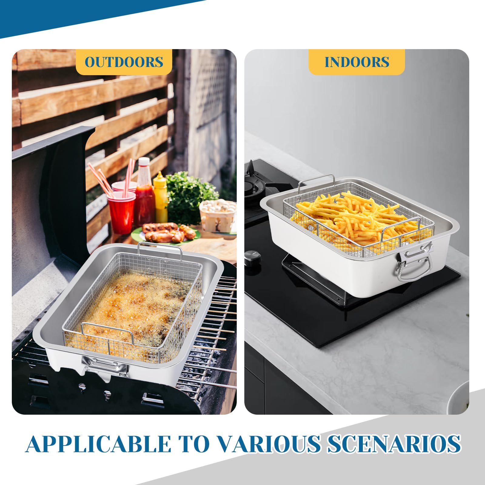 Teenyyou Sartén profunda con cesta de acero inoxidable de 10 cuartos de galón, freidora con cesta rectangular para perros de maíz con termómetro de aceite para cocinar patatas fritas pollo