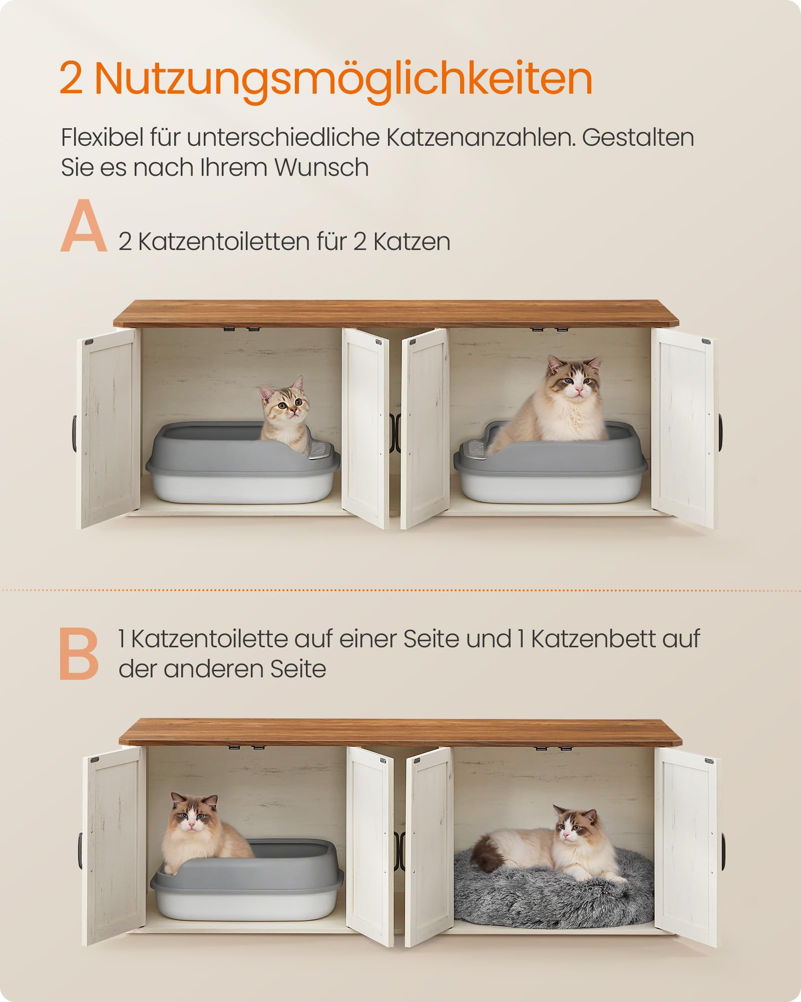 Feandrea Katzenklo-Schrank, Moderne Katzentoilette, Katzenhaus, Vordereingang, Beistelltisch, TV-Schrank, 145,6 x 48,5 x 50 cm, honigbraun-vintageweiß PCL010K01