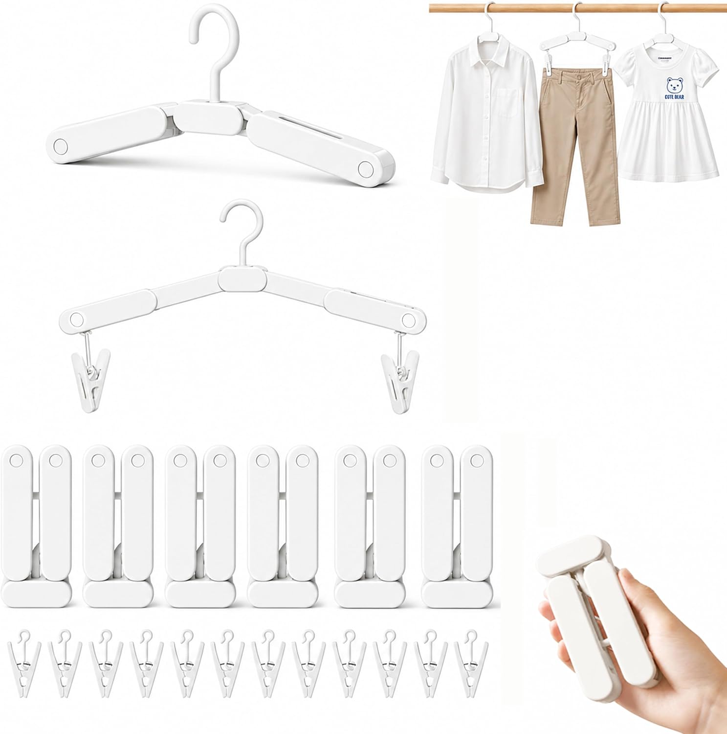 6 Pack Foldable Travel Hangers with 12 Clips, Portable Collapsible Hangers for Travel, Cruise, Hotel, Camping, Dorm, Space Saving Clothes Hangers for Small Spaces(White)