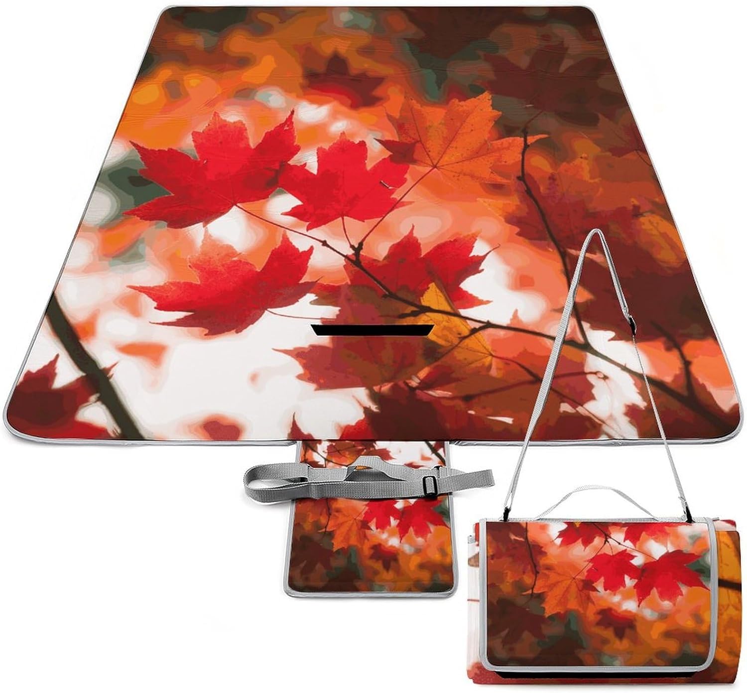 Autumn Fall Red Maple Leaves Waterproof Picnic Blanket 58.3''x58.3'',Portable and Foldable Picnic Mat with Handle,Outdoor Blankets for Lawn Park Beach Travel
