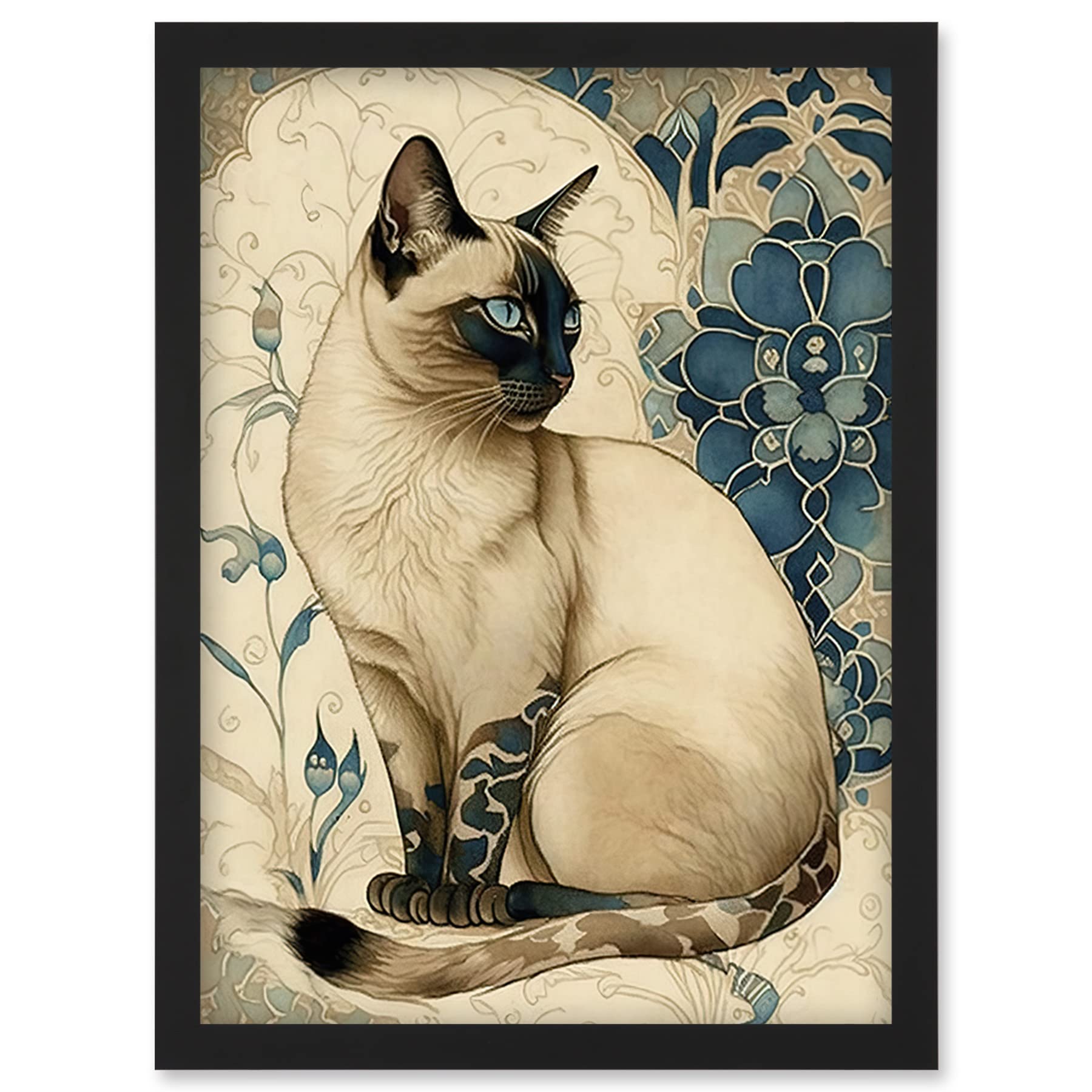 Artery8 Siamese Cat with Blue Flower Pattern Modern Art Nouveau Watercolour Illustration Artwork Framed Wall Art Print A4
