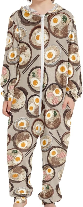 Pigsaly Novelty One Piece Pajamas Ramen Bowls Noodle Hooded Jumpsuits Long Sleeve Sleepwear Gifts 4Y