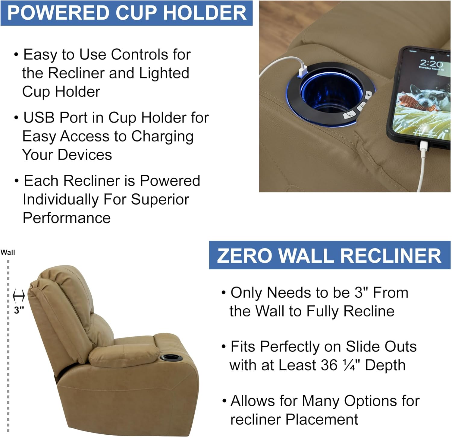 RecPro Charles 70" Powered Double RV Wall Hugger Recliner Sofa | Loveseat | RV Furniture with Upgraded 2023 Fabric (Toffee)