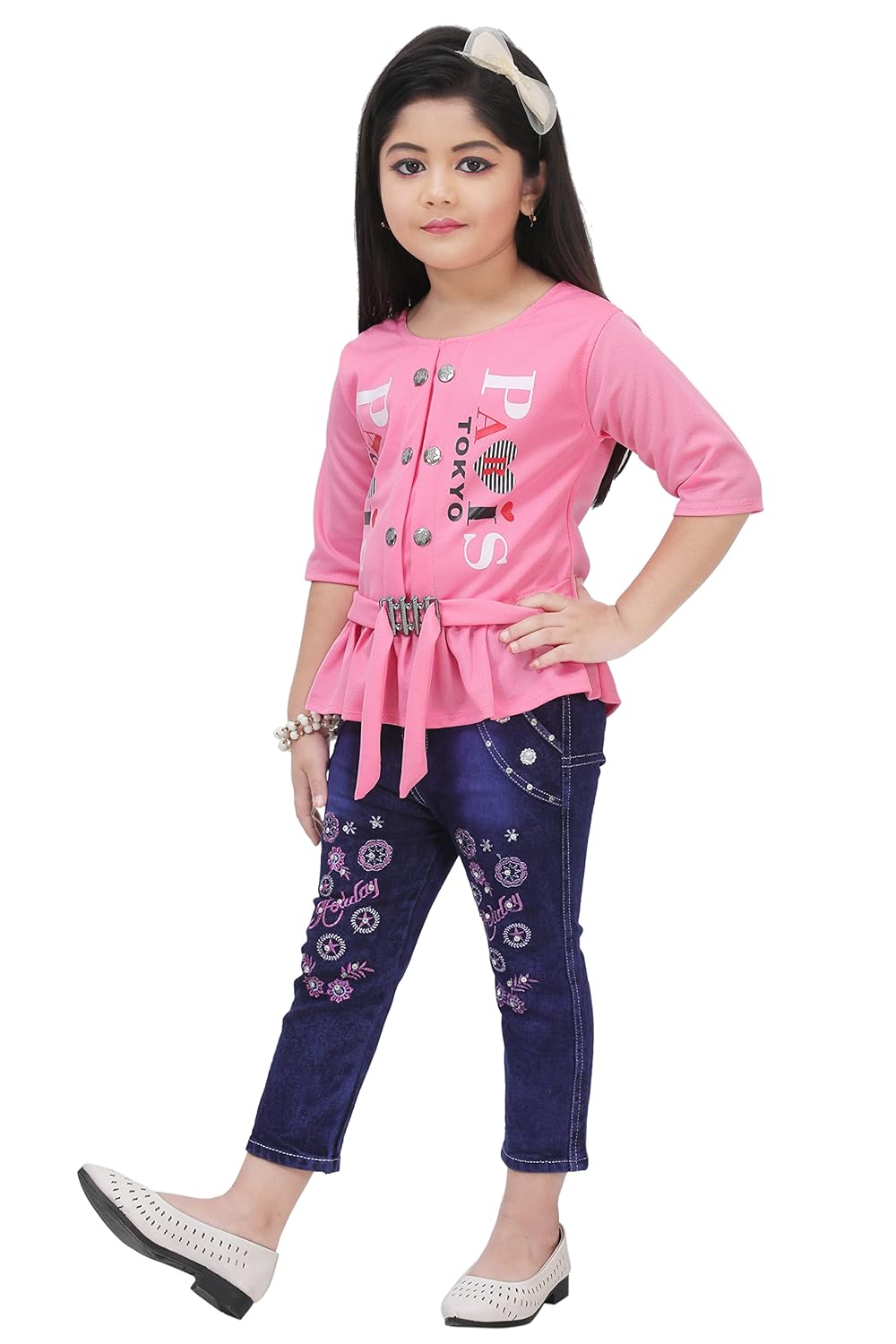 Kid Queen DRESSES Girls Below the Knee Denim Casual Half Sleeves Printed Top and Jeans Set (Pink, 5-6 Years) Kid Queen DRESSES Girls Below the Knee Denim Casual Half Sleeves Printed Top and Jeans Set (Pink, 5-6 Years)