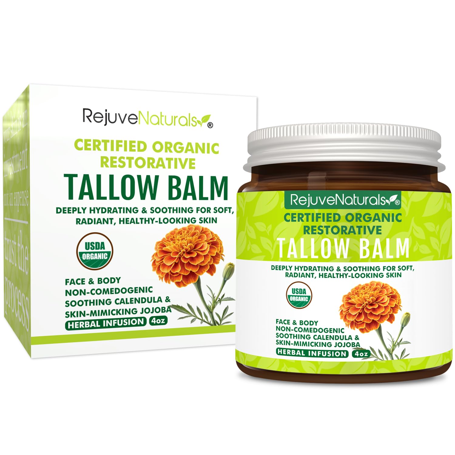 RejuveNaturals USDA Certified Organic Beef Tallow Balm, Large 4oz Glass Jar – Grass Fed & Finished Tallow with Beeswax & Jojoba Oil – Solid, Non-Comedogenic Natural Moisturizer for Face & Body - Image 2