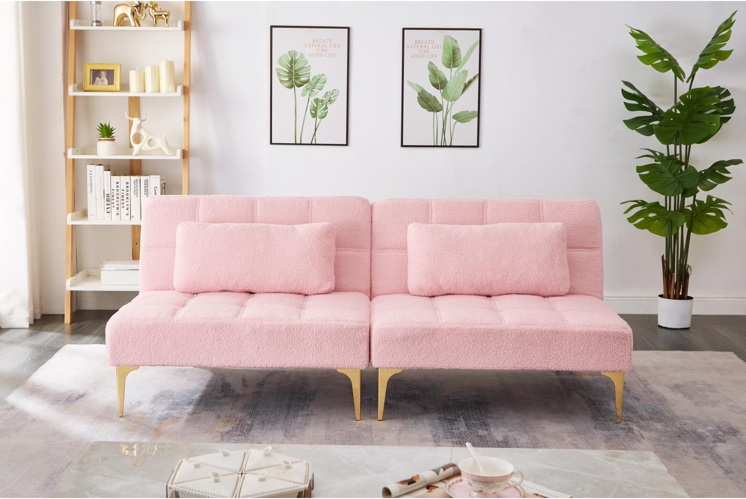 71" Convertible Sofa Bed Futon with Gold Legs - Teddy Fabric (Pink)