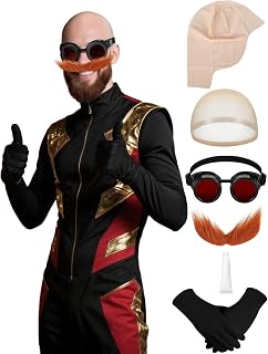 6 Pack Egg Antagonist Costume for Men Bald Cap Goggles Mustache Gloves Hairnet Glue Halloween Robot Villain Cosplay