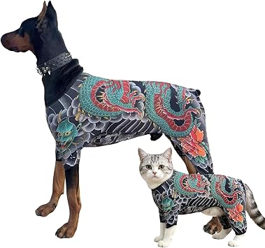 HDKUW Tattoo Dog Shirt, Full Body Dog Jumpsuit for Small Medium Large Dogs & Cat, Breathable Dogs Pajamas Shedding Suit, Tattooed Pet Costume for Party Halloween L