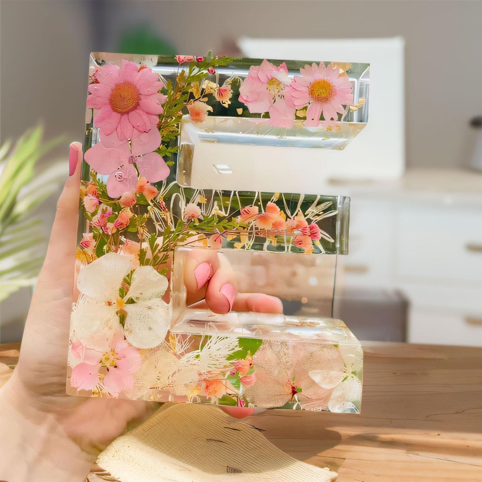 HOPASRISEE Floral Resin Night Light, Floral Resin Letter Night Light, Personalized Flower Resin Letter Light, Pressed Flower Resin Letters with LED Light, Mothers Day Christmas Birthday Gifts (G)
