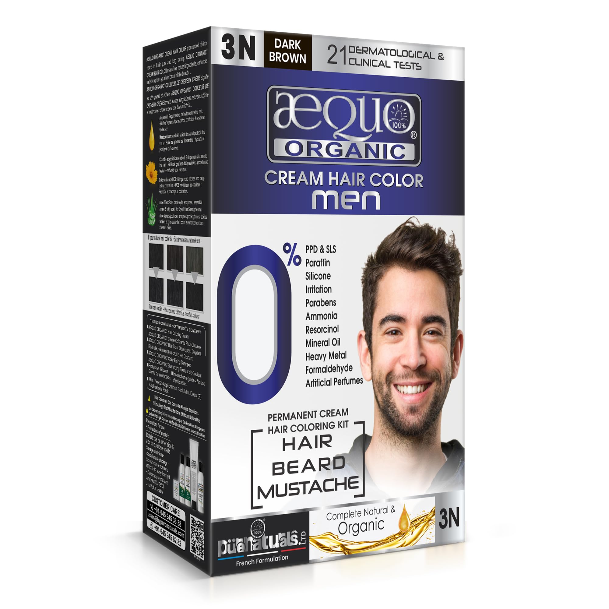 Aequo Organic Cream Hair Conditioning Colour With QH+ Water | Natural, 100% Grey Coverage, PPD & Ammonia Free| Hair, Beard & Moustache Color For Men | 3N Dark Brown, 170ml, Pack Of 1