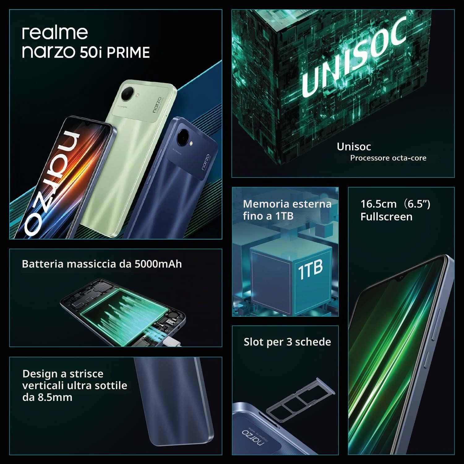 realme Narzo 50i Prime 4+64GB Smartphone, Schermo 6,5'' HD+, Mega Batteria da 5.000mAh, Camera Fotografica AI da 8MP, Processore Unisoc T612, Mint Green EU