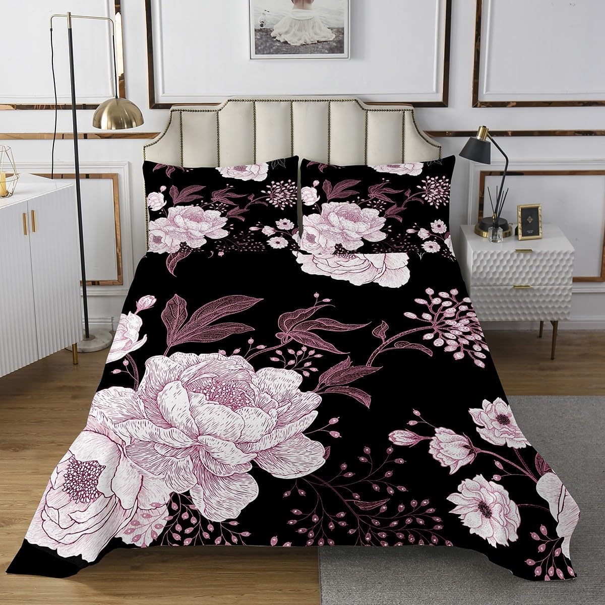 Erosebridal Botanical Floral Quilt Set Queen Size for Kids Teens Adults,Pink Flower Leaves Coverlet Set,Garden Floral Bedspread Set,Vintage Elegant Bed Cover Bedroom Decor