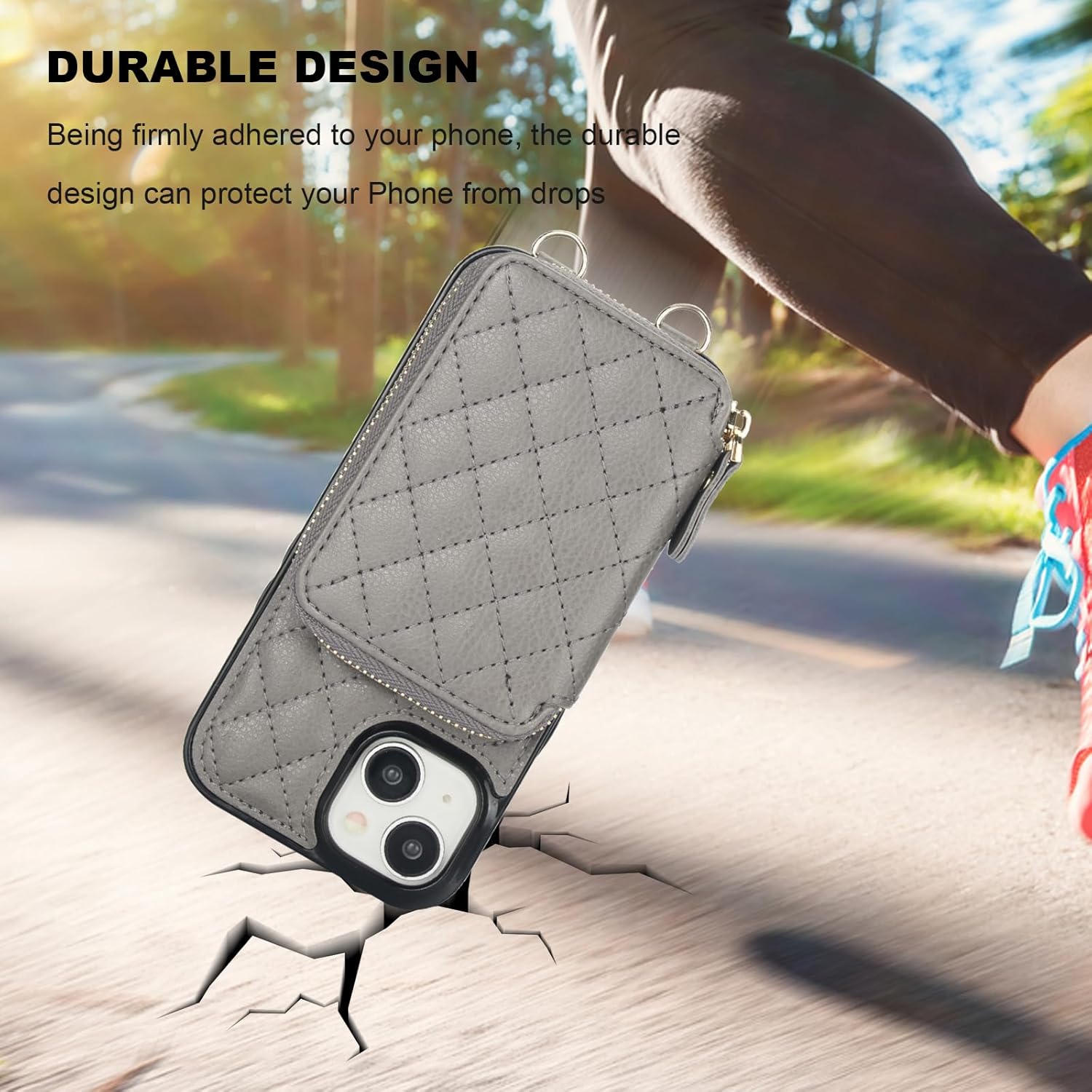 Bocasal Crossbody Wallet Case for iPhone 15, RFID Blocking PU Leather Zipper Handbag Purse Flip Cover, Kickstand Folio Case with Card Slots Holder Wrist Strap Lanyard 5G 6.1 Inch (Grey)