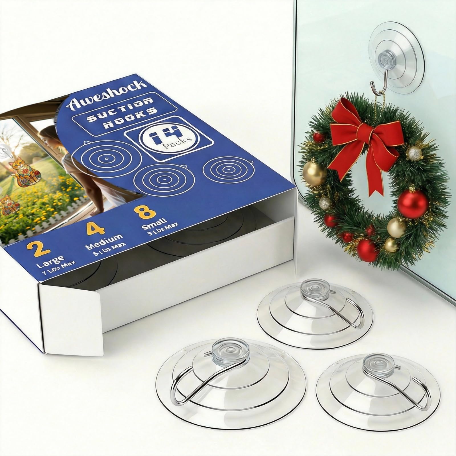Aweshock Suction Cup Hooks for Glass Window, 14 Packs Combo -8 Small 4 Medium 2 Large,Waterproof Wreath Hangers for Glass Front Door, Window Suction
