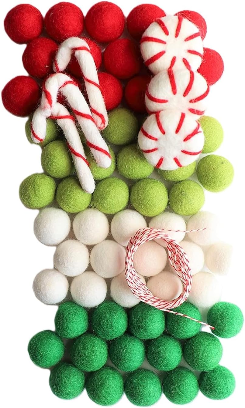 Mini Felt Factory | Felt Ball DIY Christmas Garland Wool 60 Poms 1in Red Green White Seasonal Home Decor Candy Cane Peppermint Ornaments | 10 Feet String Craft Supplies