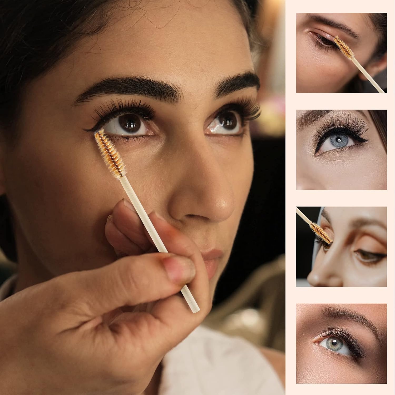 100 Pcs Disposable Mascara Wands, Bamboo Spoolies Brush for Eyelash Extensions, Spooly Eyelash Eyebrow Brushes Lash Wand Applicator Makeup Kits, Brown
