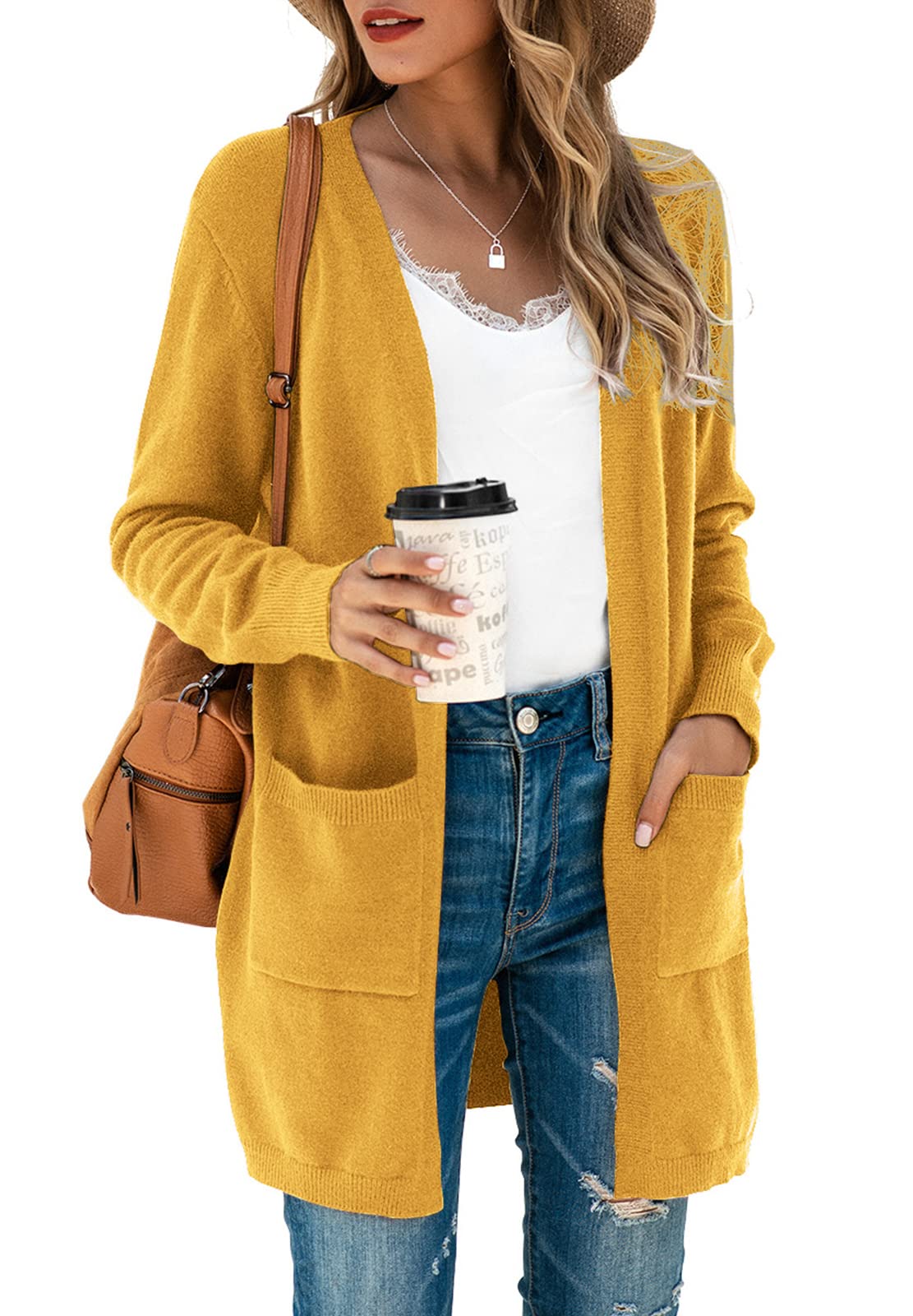 TASAMO Women's Kimono Cardigan Long Sleeve Open Front Casual Knit Sweaters Coat Oversized Soft Outwear with Pockets