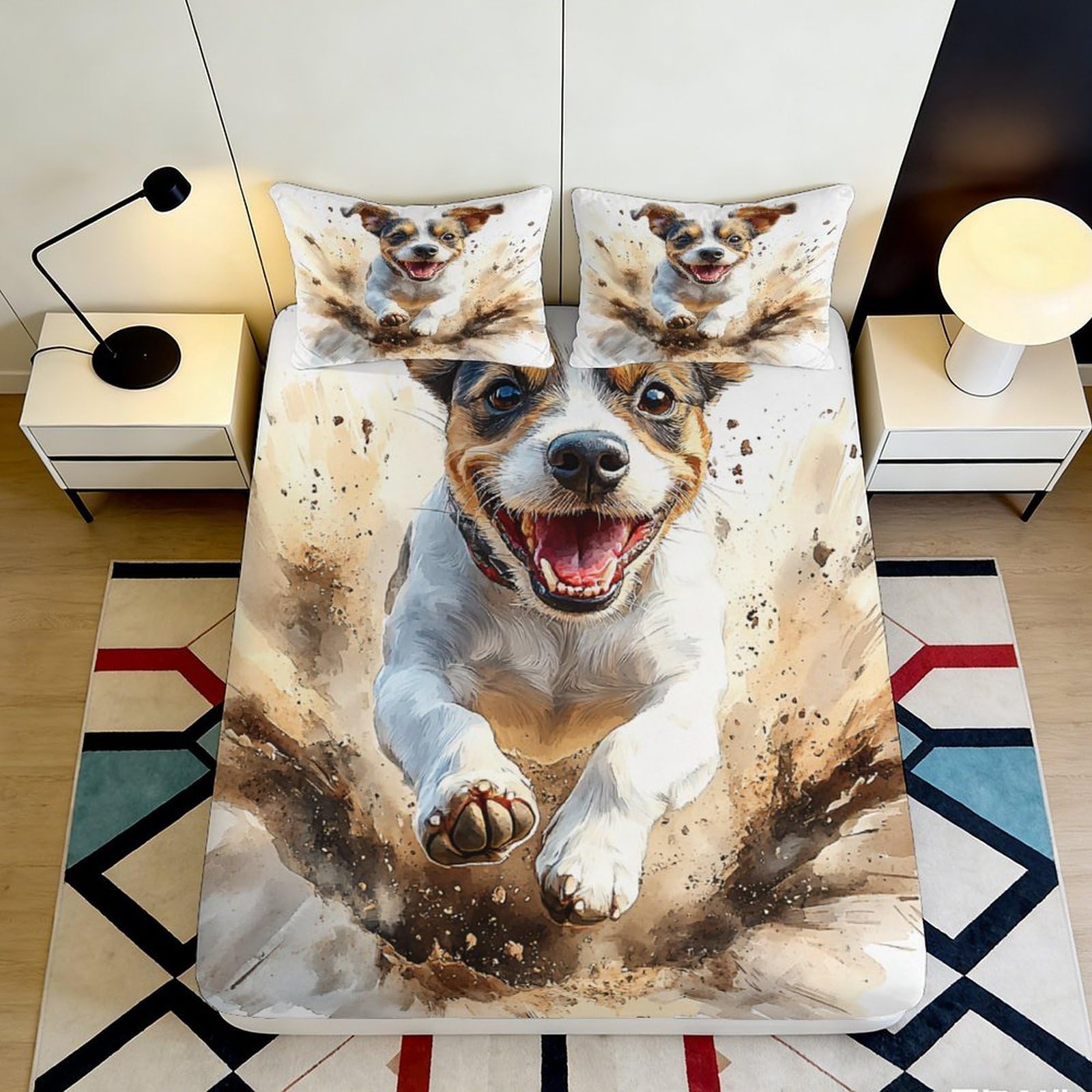 3D Printed Happy Dog Fitted Sheet Microfiber Soft Durable Running Puppy Bed Cover for Bedroom Dormitory Guest Room Mattress Protection 90x200x25cm