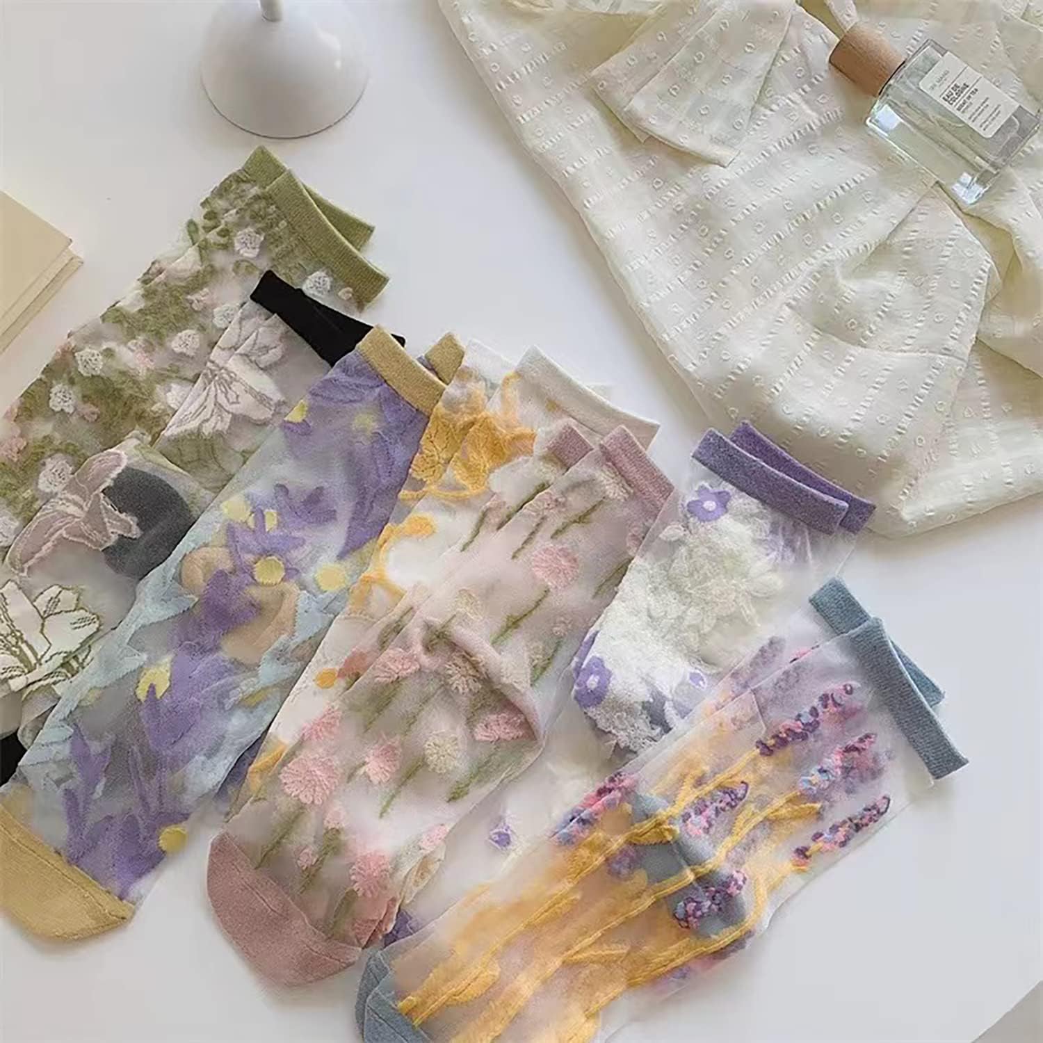 Vintage Sheer Socks,Summer Transparent Flower Ankle, Thin Mesh Lace Elastic Jacquard Glass Silk