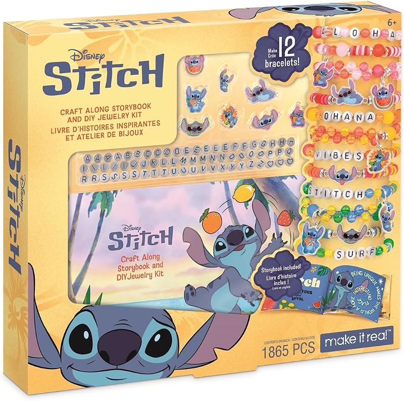 Make It Real: Disney Stitch - Craft Along Storybook & DIY Jewelry Kit - 1865pc Craft Set, Design & Create 12 ABC & Bead Bracelets, Tween-Girls-Kids 6+
