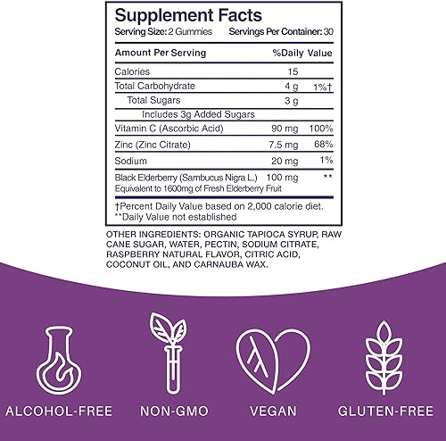 Miniatura 2 de Gomitas de saúco para adultos y niños  Vitamina C y zinc  Sambucus Nigra Black Elderberry Apoyo inmunológico  Sin OMG, veganas, sin gluten, sin