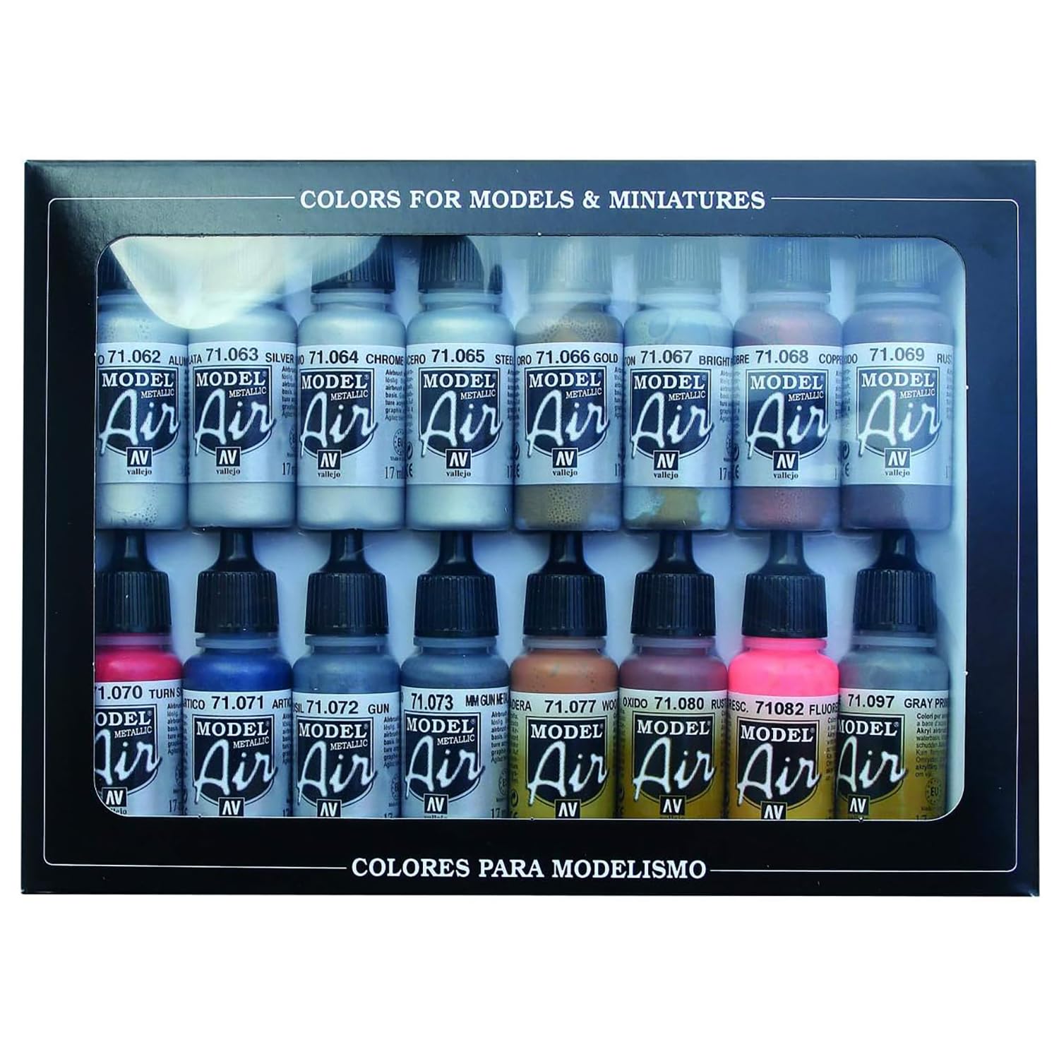 Vallejo Model Air Set: 16 Metallic Colors 17ml Bottles | Acrylic for Airbrush
