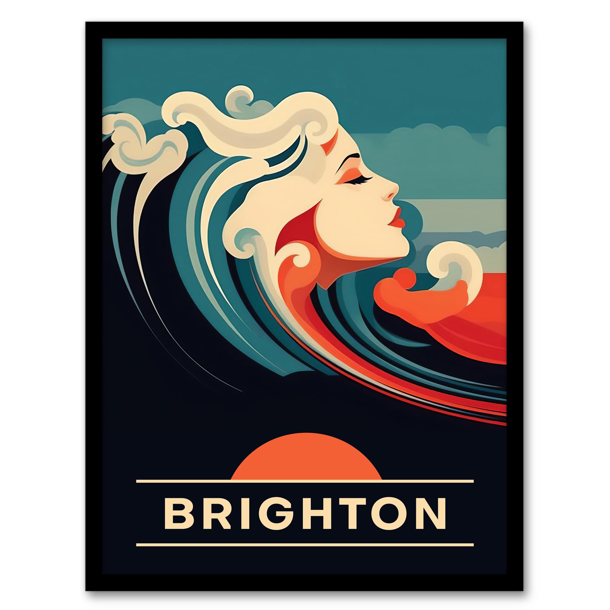 Artery8 The Seaside Calls Brighton Beach England UK Sunset Woman of the Waves Sea Siren Ocean Artwork Framed Wall Art Print A4