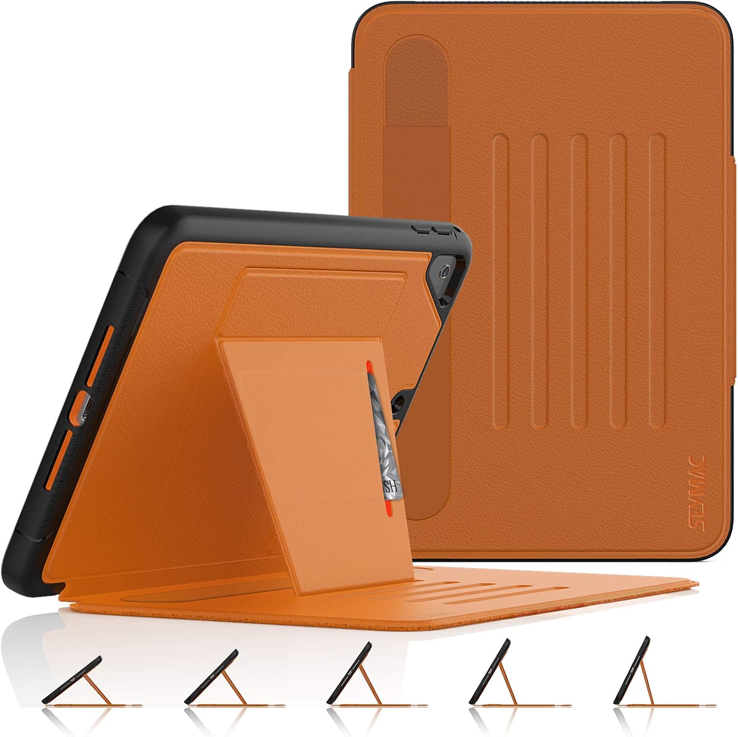 SEYMAC stock Case for iPad Mini 5/4, Protection Smart Magnetic Auto Sleep/Wake Cover with Multi-Angle Stand [Card Slot] [Pencil Holder] Feature for iPad Mini 5 / Mini 4 2019/2015 (Black/Orange)