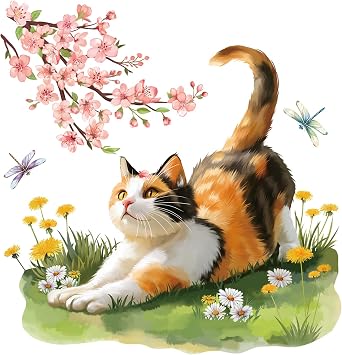 Watercolor Cat Wall Stickers Cherry Blossom Kitty Wall Decals Removable Funny Animal DIY Wall Art for Bedroom Living Room Nursery