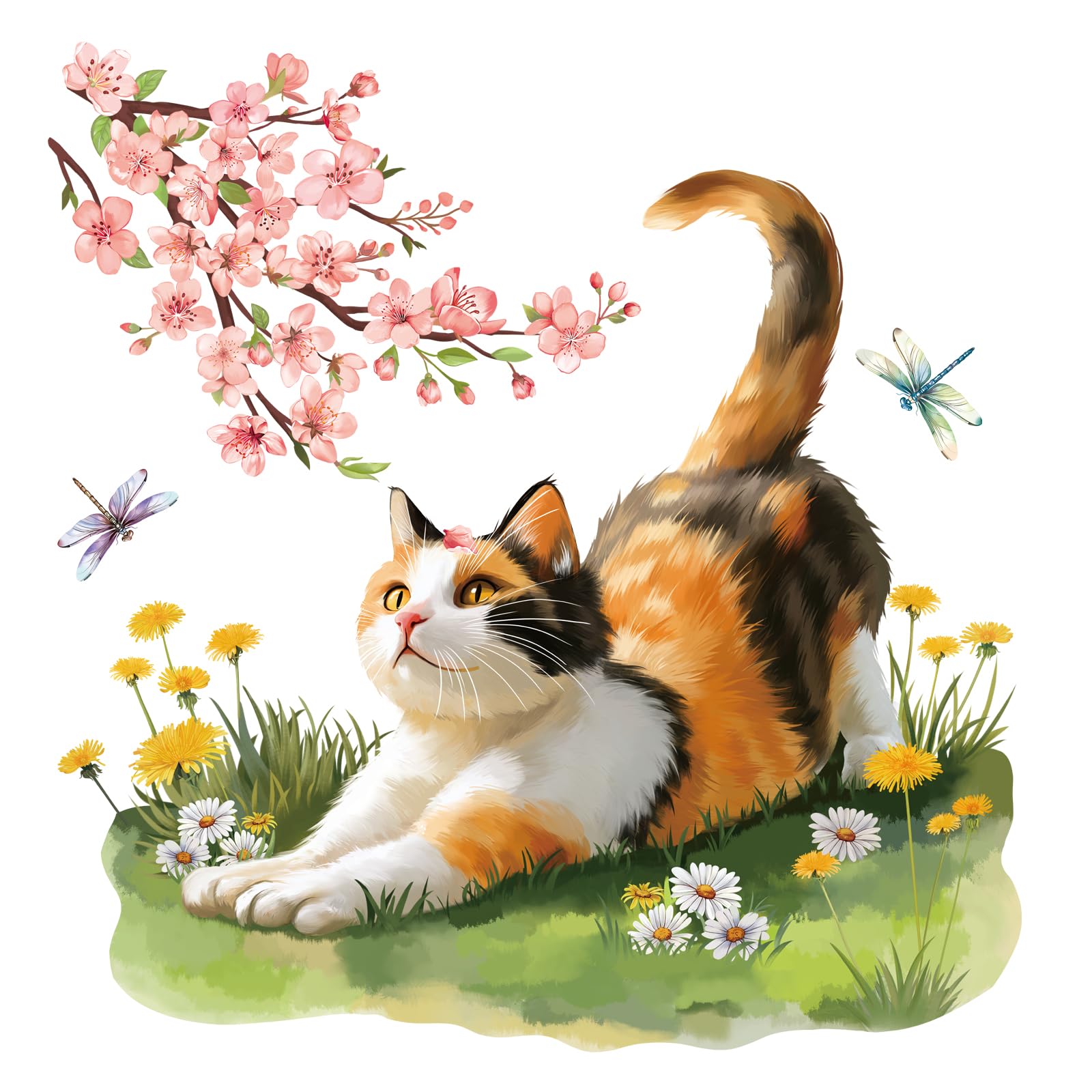FUFUQUARE Lifelike Calico Cat Wall Stickers Watercolor Spring Flowers Pink Cherry Branch Wall Decals Removable for Baby Kids Nursery Bedroom Living Room