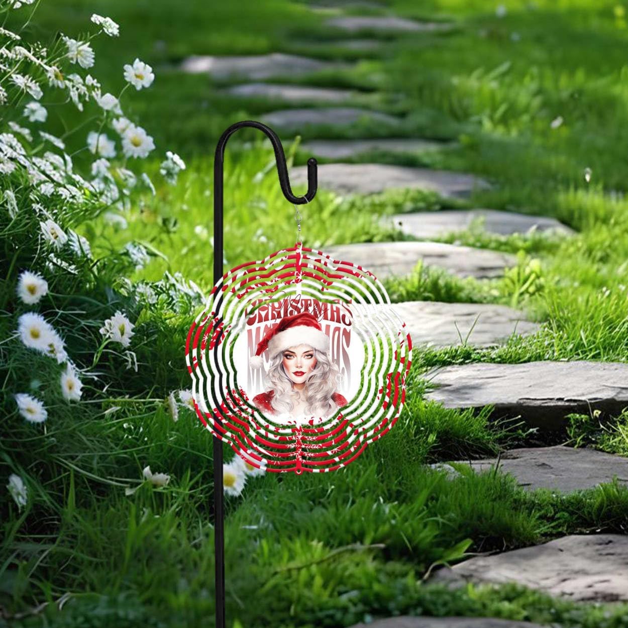 Merry Christmas Hohoho Christmas Wind Spinners 3D Stainless Steel Laser Cut Metal Double Sided Printing-Hanging Indoor/Outdoor Decorations Yard Gardening Decor,Metal Kinetic Art 16x16 inches