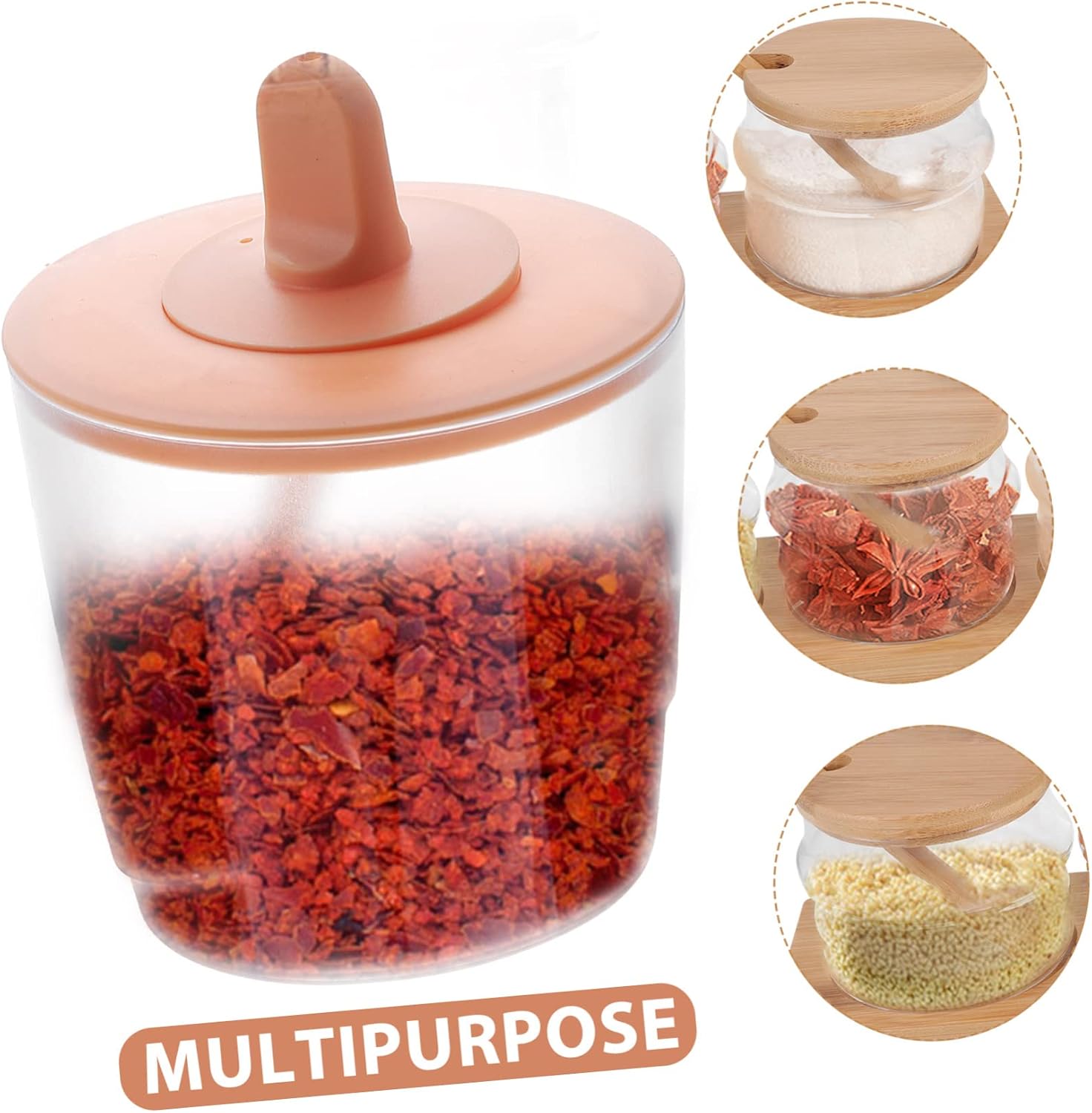 Pink Plastic Condiment Pot for Kitchen with Spoon, Removable Lid