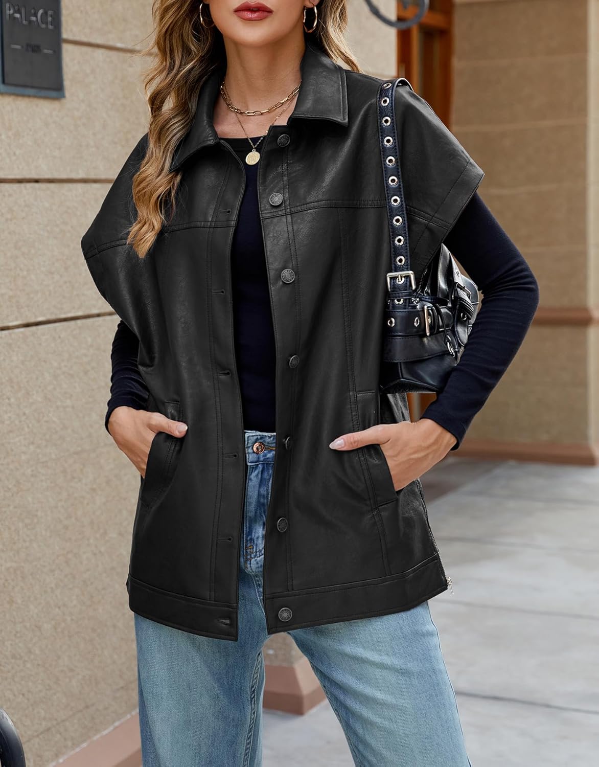 Ladyful Womens Oversized Leather Vest Sleeveless Faux Leather Jacket Motorcycle Biker Vest Coat Outerwear - Image 2