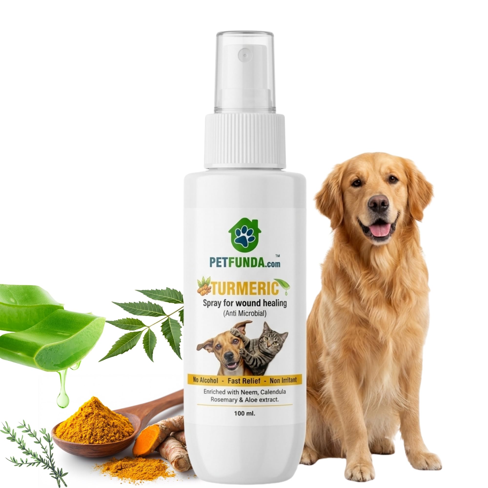 Petfunda Turmeric Healing Spray for Dogs & Cats - Natural Anti-Microbial & Anti-Inflammatory Wound Spray with Neem, Aloe Vera, Rosemary & Oatmeal | Soothes Cuts, Scratches & Itchy Skin| Pet First aid