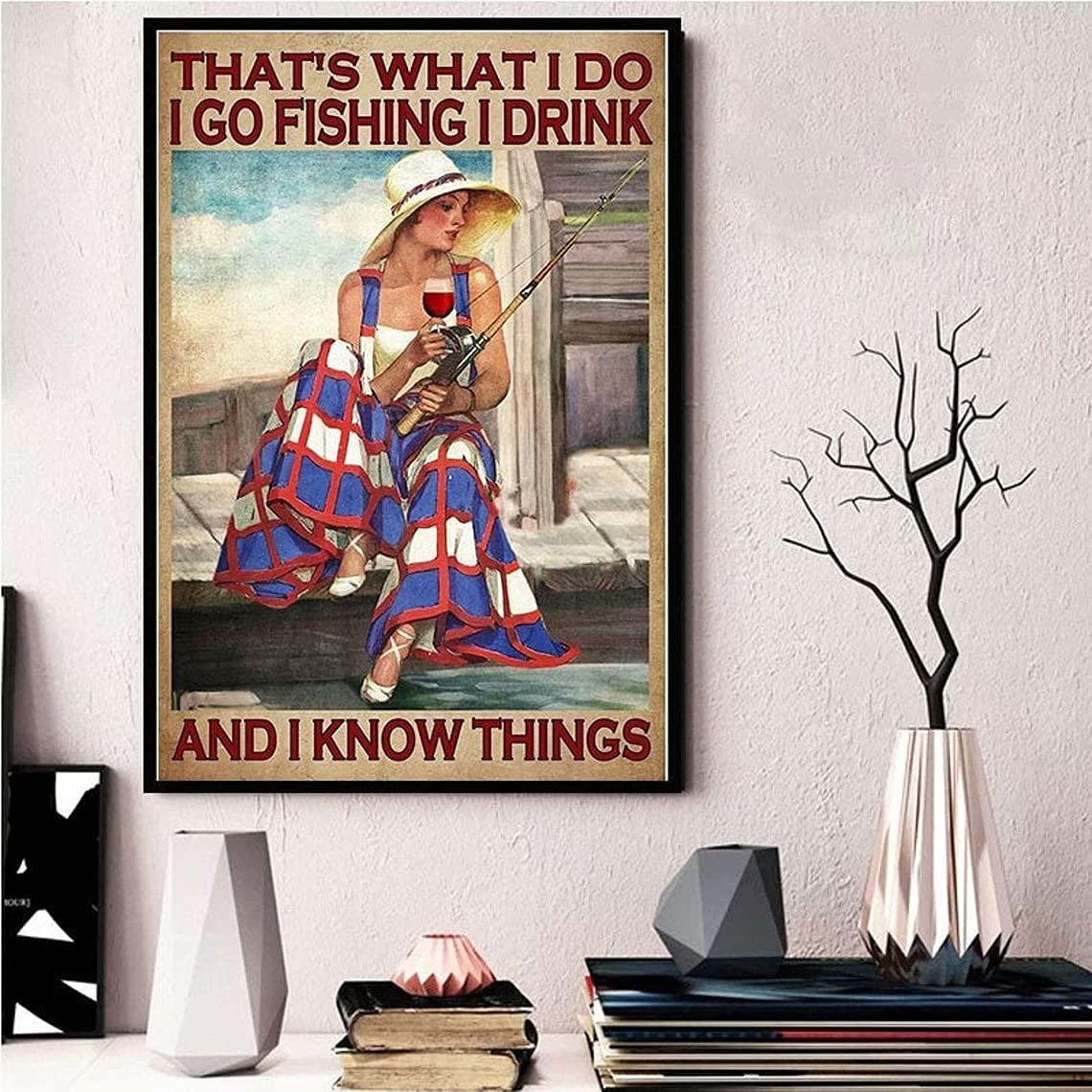 Lawenp Girl is Fishing Metal Tin Sign,I Go Fishing I Drink and I Know Things,Retro Iron Painting for Home Hotel Bar Cafe Outdoor Wall Decoration 12x16 Inch