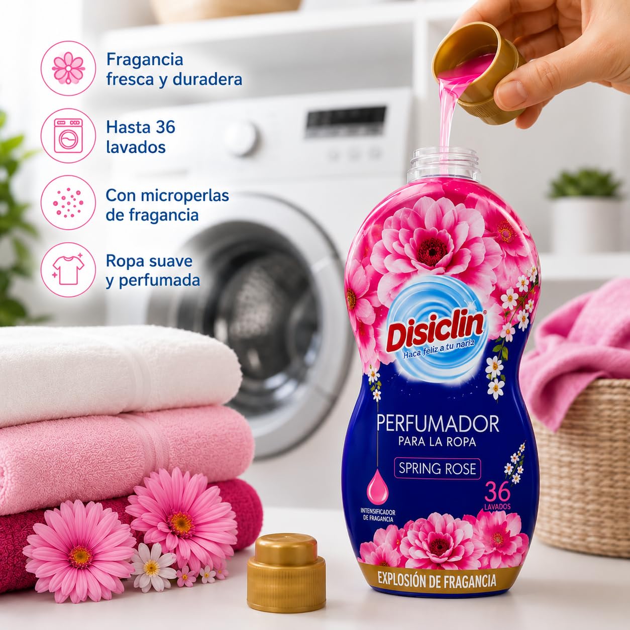 Disclin Perfumador para la Ropa Spring Rose 720 ml | Pack de 12 Unidades | Aditivo Líquido para Lavadora | Intensificador de Fragancia con Microperlas | Aroma Fresco y Duradero | RASMACOR