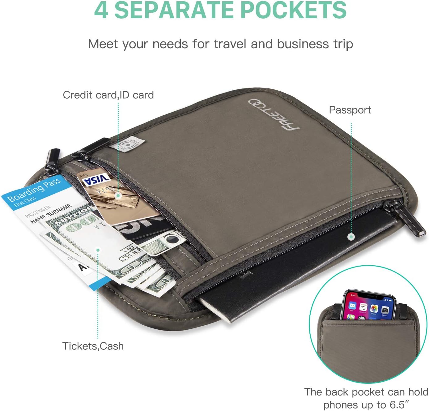 FREETOO Neck Wallet Travel Neck Pouch RFID Blocking, Travel Wallet Passport Holder Wallet for women Men, Multipurpose Storage Travel Pouch for passport and tickets Credit Card Phone Holder