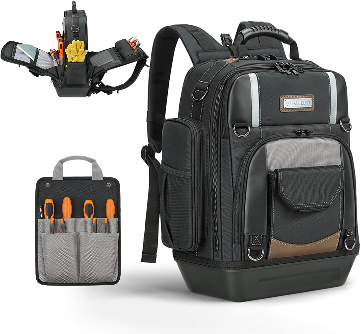 WINHUNT Professional Tool Backpack, Heavy-Duty Storage Bag with Multiple Compartments, Padded Straps, Black/Grey