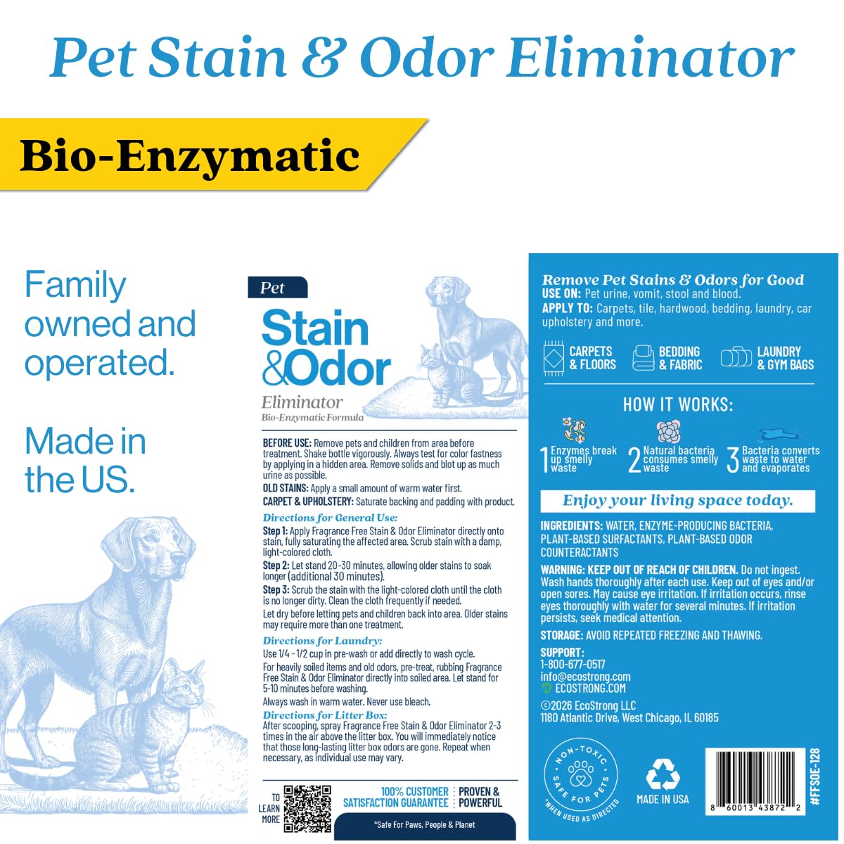 Eco Strong Removedor de manchas y olores para mascotas, limpiador de enzimas de orina de gato, destructor de orina para perros, limpiador enzimático de orina de mascotas, 128 onzas