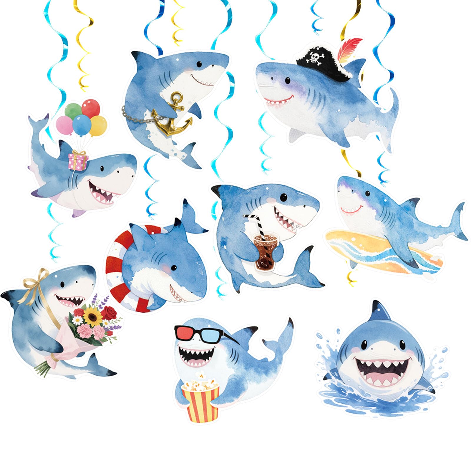 MORAINJAY 18 Pcs Shark Hanging Swirls, Shark Party Decorations, Blue Banner Card, Streamers Hanging Decorations for Birthday, Under The Sea Theme Party Backdrop Supplies